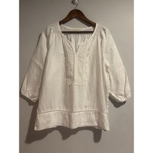 jones New York Women's White 3/4 Sleeve‎ Split Tunic Top Large Lace VNeck